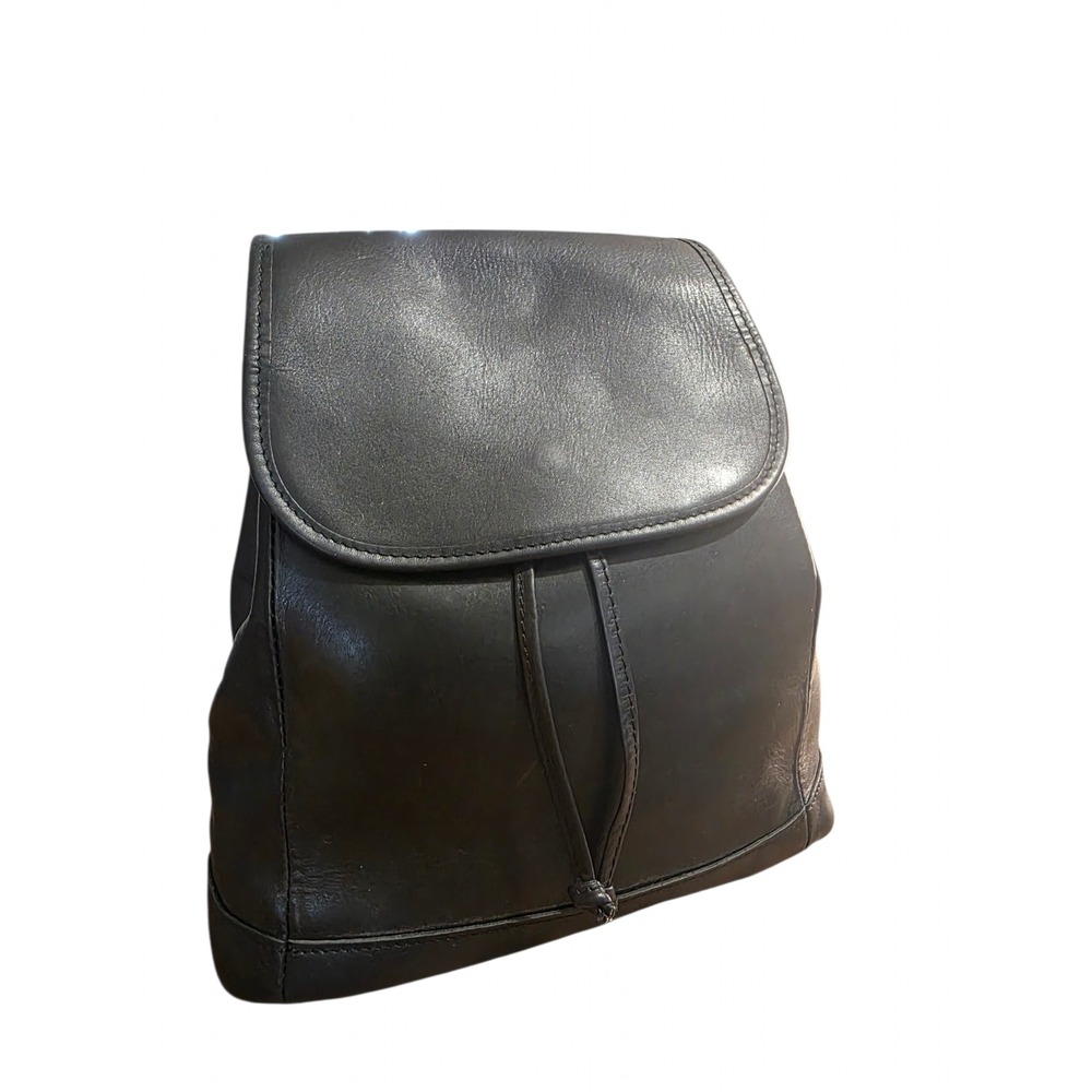 LL Bean VTG Black Leather Rucksack Backpack Drawstring Flap Bag Wildlife Lining